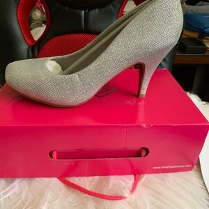 Silver rhinestone shoes, elegant.